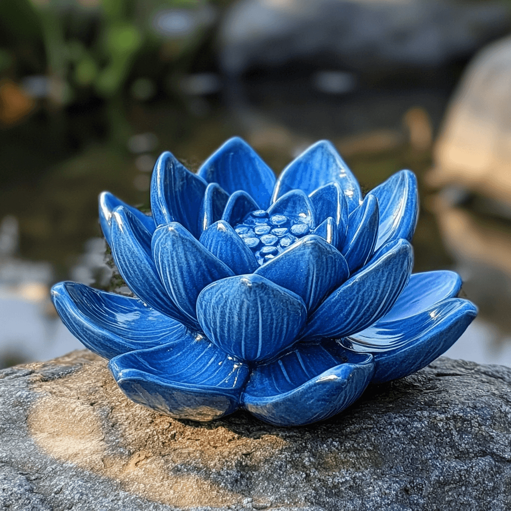 A close-up of a vibrant Blue Lotus flower on a stone, symbolizing tranquility and natural beauty.