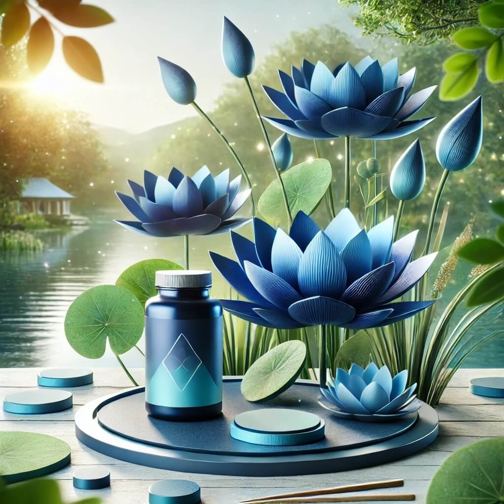 A serene scene featuring vibrant Blue Lotus flowers in a natural setting, representing the future of natural health supplements.