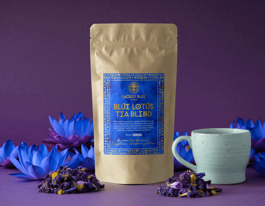 Sacred Blue Lotus Tea Blend with dried blue lotus flowers and a ceramic cup on a purple background