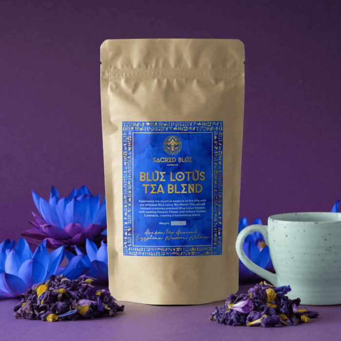 Sacred Blue Lotus Tea Blend with dried blue lotus flowers and a ceramic cup on a purple background