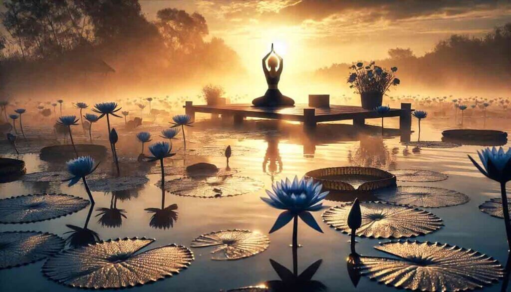 a person doing yoda in a blue lotus flower pond
