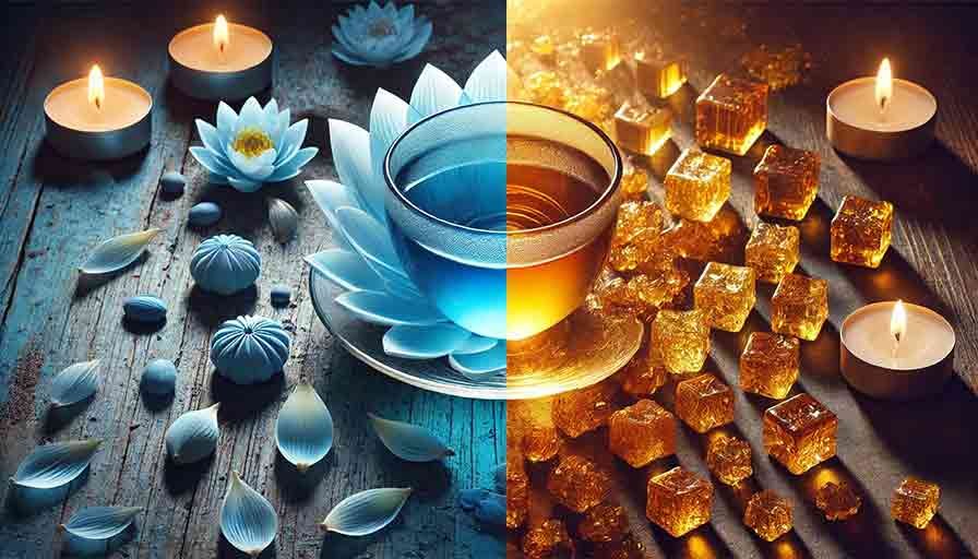image depicting difference between blue lotus tea and resin form
